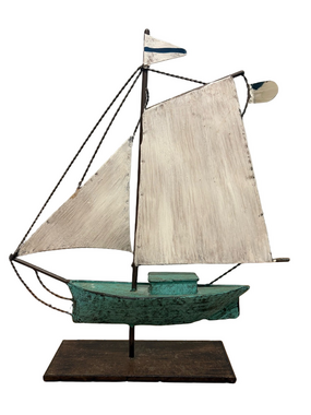 Large Decorative White & Teal Sailboat Metal Sculpture